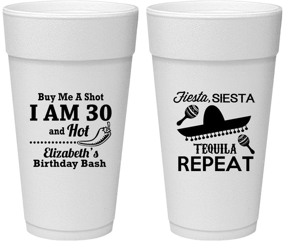 Personalized Birthday 24 oz Foam Cups - 30th Fiesta Siesta Tequila | 20177
