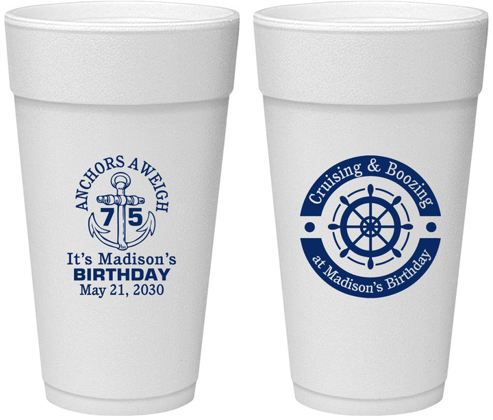 Personalized Birthday 24 oz Foam Cups - 75th Nautical | 20178