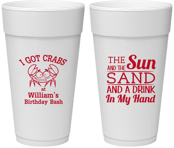 Personalized Birthday 24 oz Foam Cups - Sun Sand Drink Hand | 20205