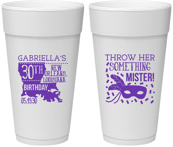 Personalized Birthday 24 oz Foam Cups - 30th Mardi Gras | 20246