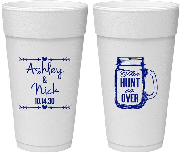 Personalized Wedding 24 oz Foam Cups - The Hunt Is Over Mason Jar | 211