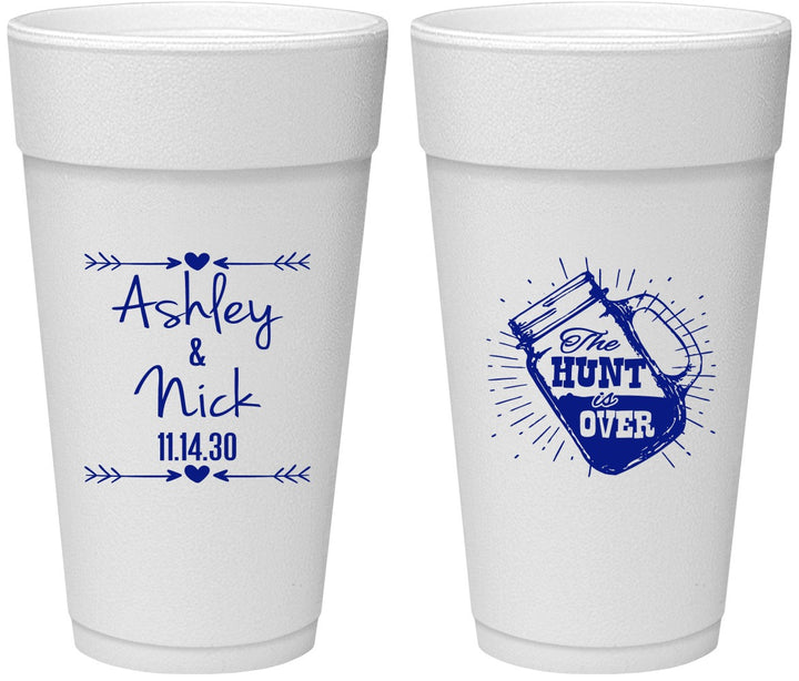 Personalized Wedding 24 oz Foam Cups - The Hunt Is Over Mason Jar | 218