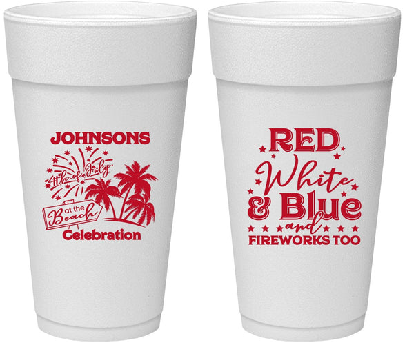 Personalized 4th Of July 24 oz Foam Cups - Beach Fireworks | 220022