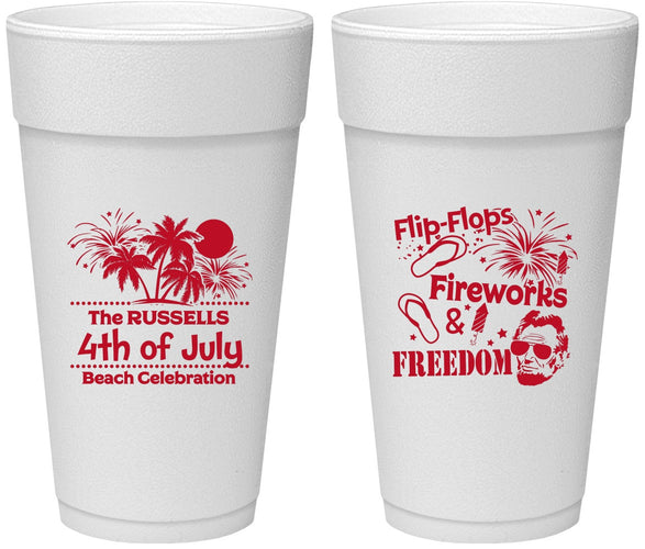 Personalized 4th Of July 24 oz Foam Cups - Fireworks Beach | 220026