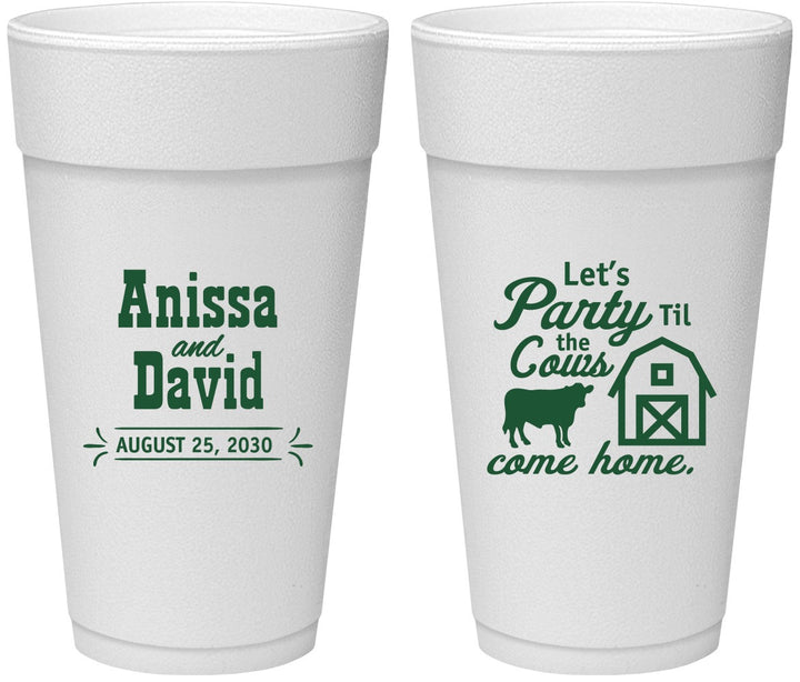 Personalized Wedding 24 oz Foam Cups - Party Til The Cows Come Home | 222