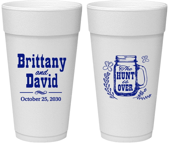 Personalized Wedding 24 oz Foam Cups - The Hunt Is Over Mason Jar | 223
