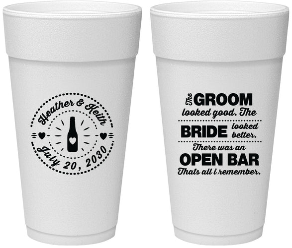 Personalized Wedding 24 oz Foam Cups - Groom Bride Open Bar | 253