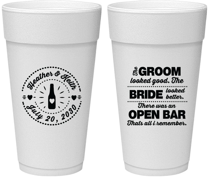 Personalized Wedding 24 oz Foam Cups - Groom Bride Open Bar | 253