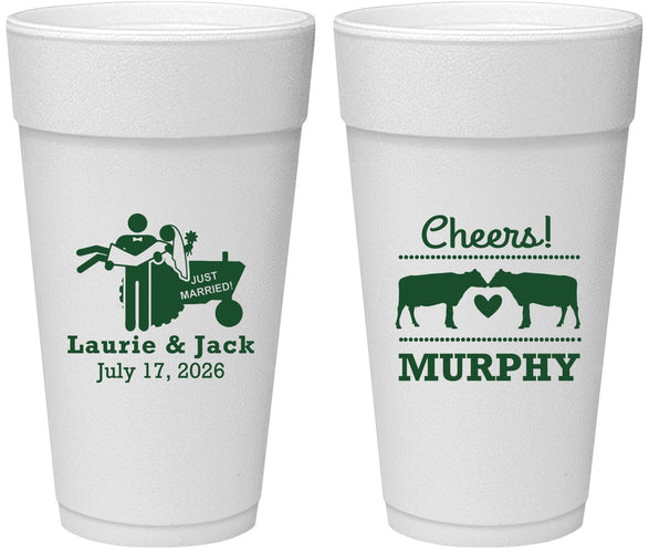 Personalized Wedding 24 oz Foam Cups - Tractor Cows | 257