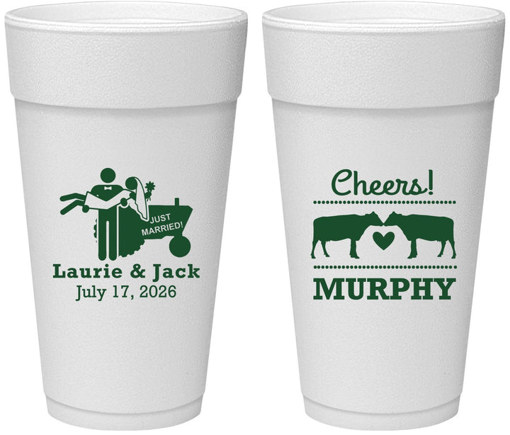 Personalized Wedding 24 oz Foam Cups - Tractor Cows | 257