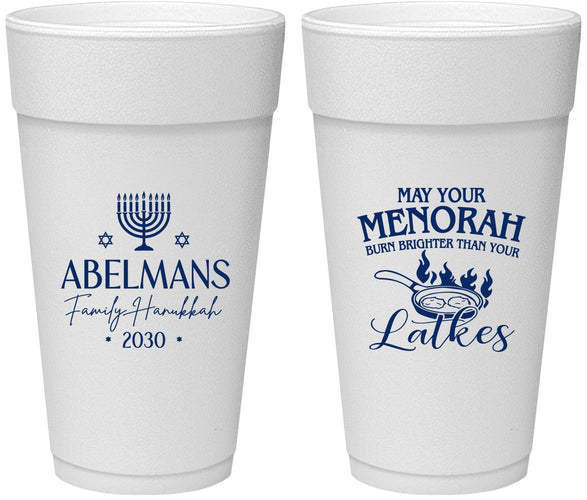 Personalized Hanukkah 24 oz Foam Cups - Menorah Latkes | 270019