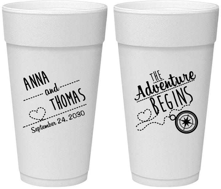 Personalized Wedding 24 oz Foam Cups - The Adventure Begins | 284