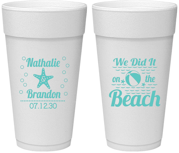 Personalized Wedding 24 oz Foam Cups - We Did It On The Beach | 287