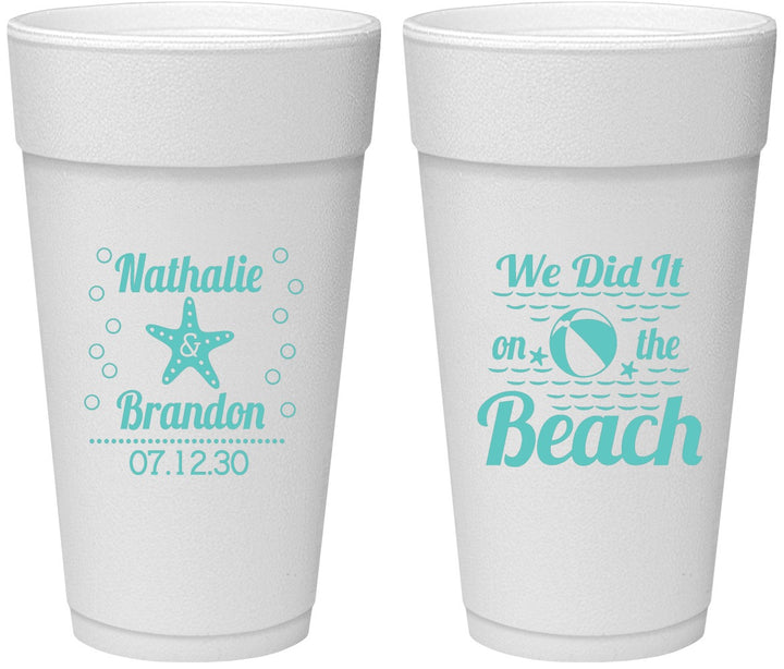 Personalized Wedding 24 oz Foam Cups - We Did It On The Beach | 287