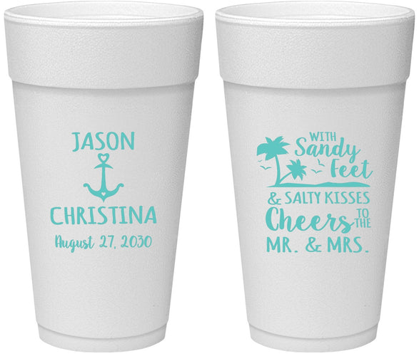 Personalized Wedding 24 oz Foam Cups - Sandy Feet Salty Kisses | 290