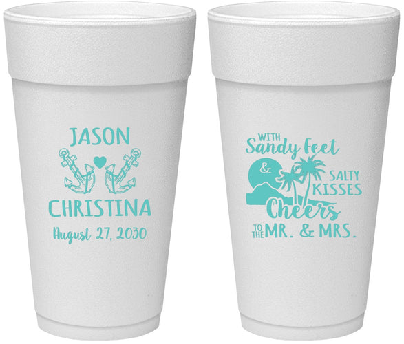 Personalized Wedding 24 oz Foam Cups - Sandy Feet Salty Kisses | 291