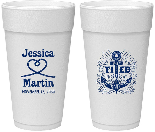 Personalized Wedding 24 oz Foam Cups - They Tied The Knot Nautical | 293