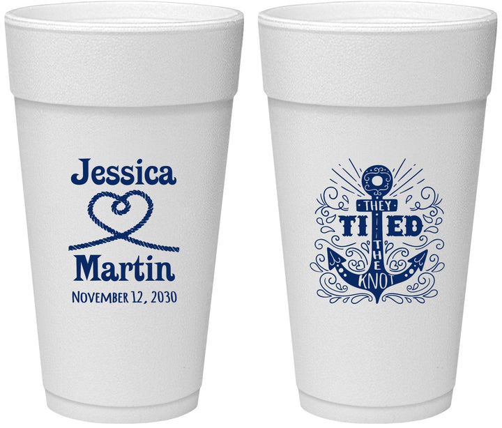 Personalized Wedding 24 oz Foam Cups - They Tied The Knot Nautical | 293