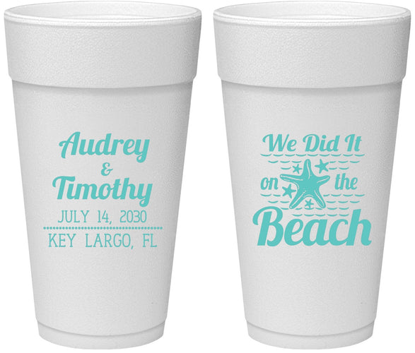Personalized Wedding 24 oz Foam Cups - We Did It On The Beach | 294