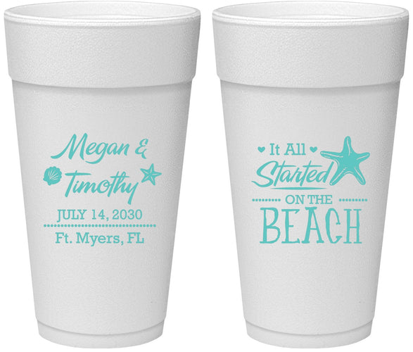 Personalized Wedding 24 oz Foam Cups - Started On The Beach | 295