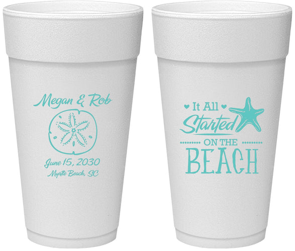 Personalized Wedding 24 oz Foam Cups - Started On The Beach | 298
