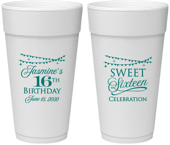 Personalized 16th Birthday 24 oz Foam Cups - String Lights | 300009