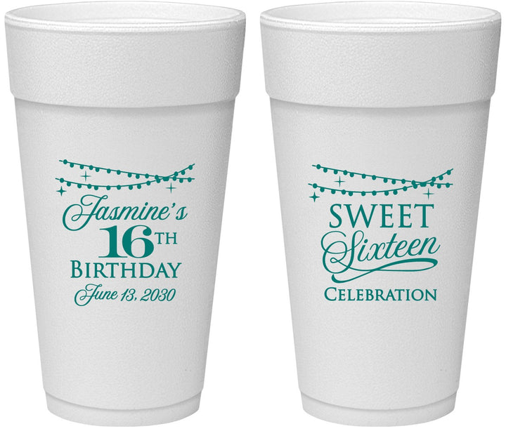 Personalized 16th Birthday 24 oz Foam Cups - String Lights | 300009