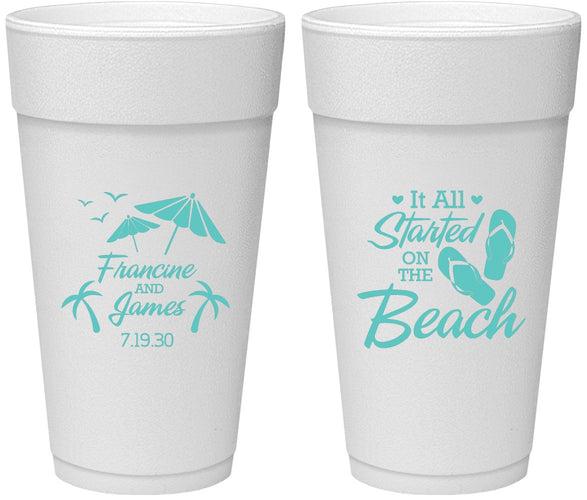 Personalized Wedding 24 oz Foam Cups - Started On The Beach | 310
