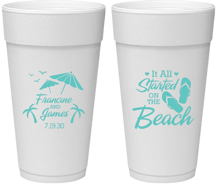 Personalized Wedding 24 oz Foam Cups - Started On The Beach | 310