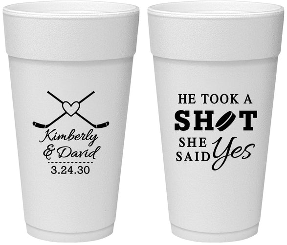 Personalized Wedding 24 oz Foam Cups - Took A Shot Hockey | 323