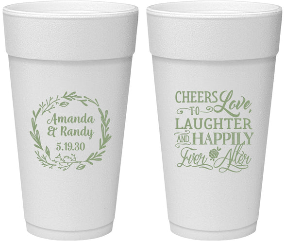 Personalized Wedding 24 oz Foam Cups - Love Laughter Happily | 326