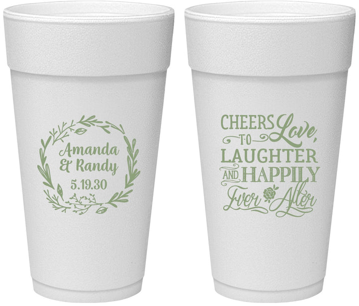 Personalized Wedding 24 oz Foam Cups - Love Laughter Happily | 326