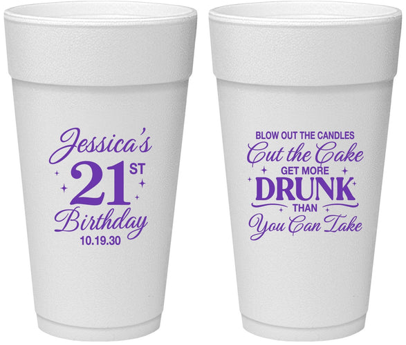 Personalized 21st Birthday 24 oz Foam Cups - Candles Cake Drunk | 340010