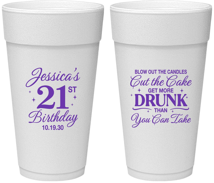 Personalized 21st Birthday 24 oz Foam Cups - Candles Cake Drunk | 340010