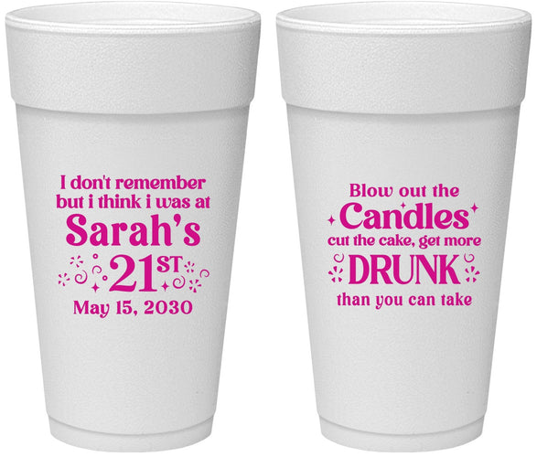 Personalized 21st Birthday 24 oz Foam Cups - Candles Cake Drunk | 340017