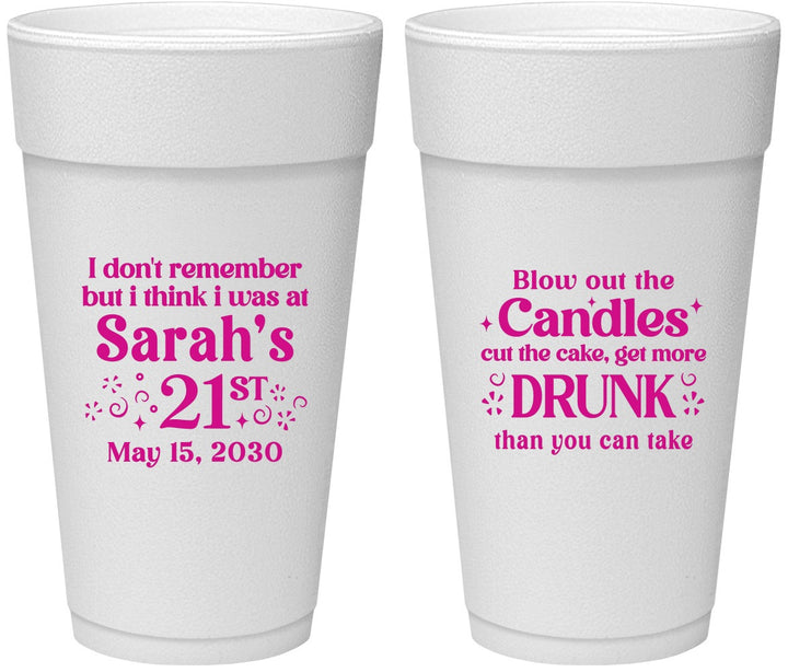 Personalized 21st Birthday 24 oz Foam Cups - Candles Cake Drunk | 340017