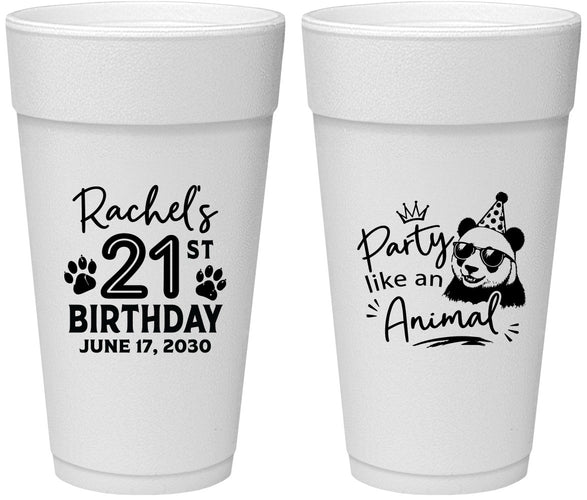 Personalized 21st Birthday 24 oz Foam Cups - Party Like An Animal Panda | 340021