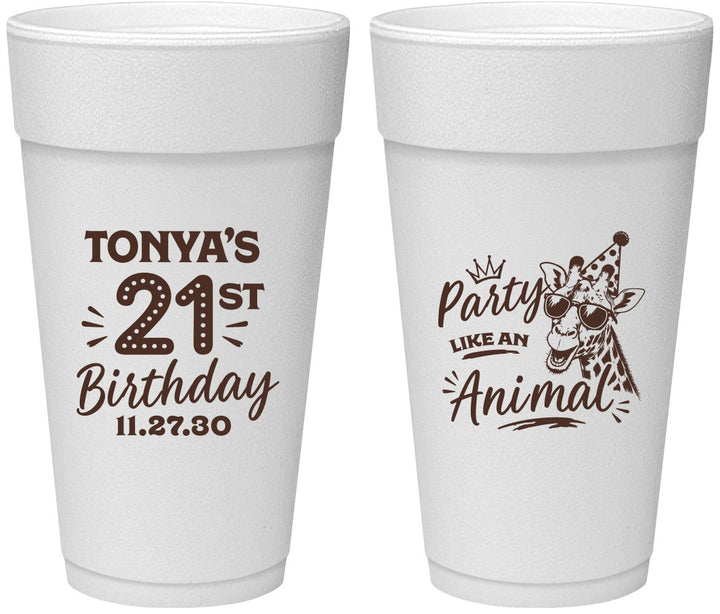 Personalized 21st Birthday 24 oz Foam Cups - Party Like An Animal Giraffe | 340022