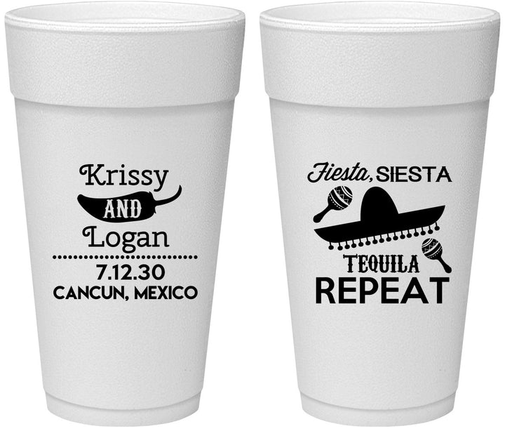 Personalized Wedding 24 oz Foam Cups - Fiesta Siesta Tequila Repeat | 344
