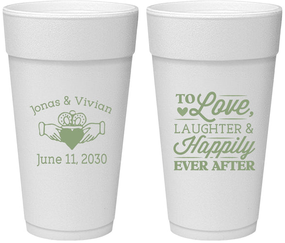 Personalized Wedding 24 oz Foam Cups - Love Laughter Happily | 346