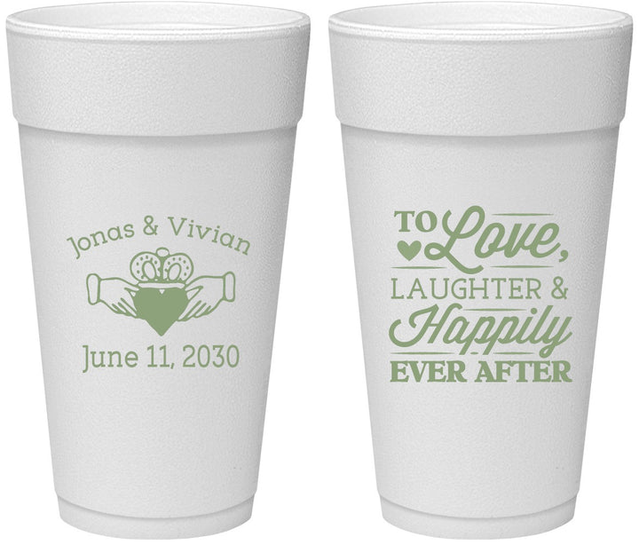 Personalized Wedding 24 oz Foam Cups - Love Laughter Happily | 346