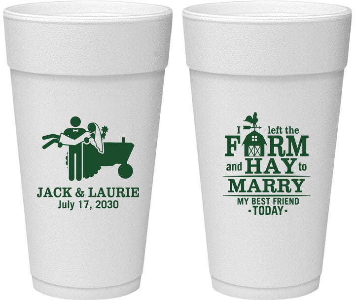 Personalized Wedding 24 oz Foam Cups - Left The Farm Tractor | 347