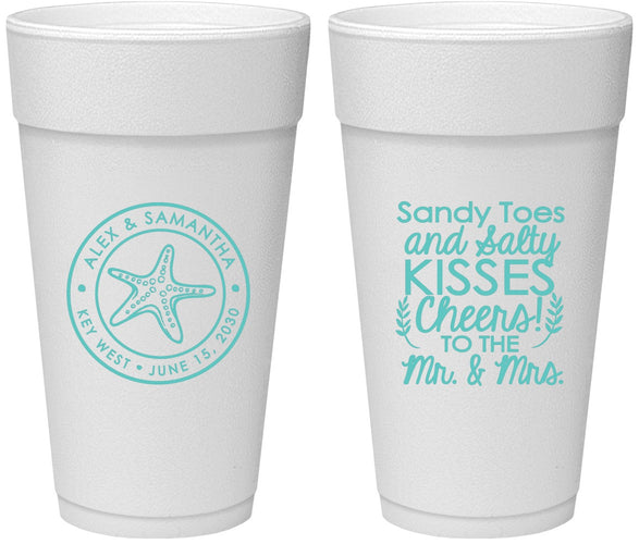 Personalized Wedding 24 oz Foam Cups - Sandy Feet Salty Kisses | 355