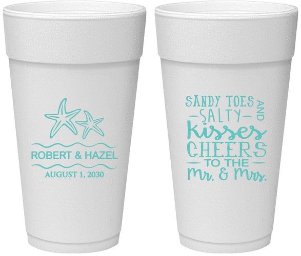 Personalized Wedding 24 oz Foam Cups - Sandy Feet Salty Kisses | 356