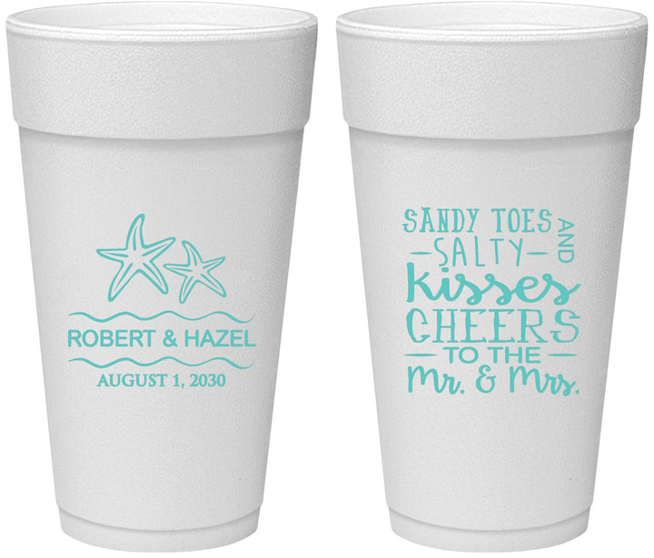 Personalized Wedding 24 oz Foam Cups - Sandy Feet Salty Kisses | 356