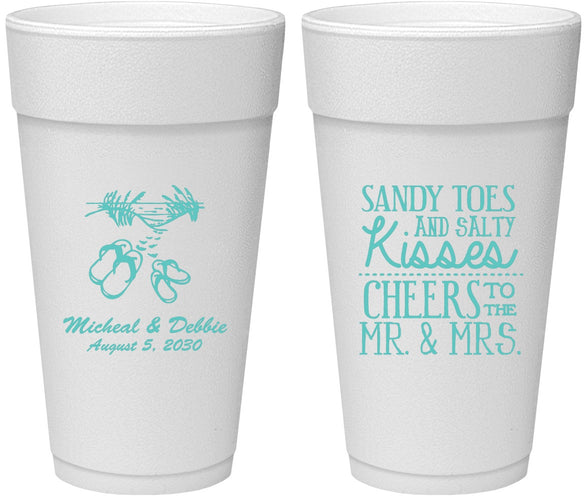 Personalized Wedding 24 oz Foam Cups - Sandy Feet Salty Kisses | 357