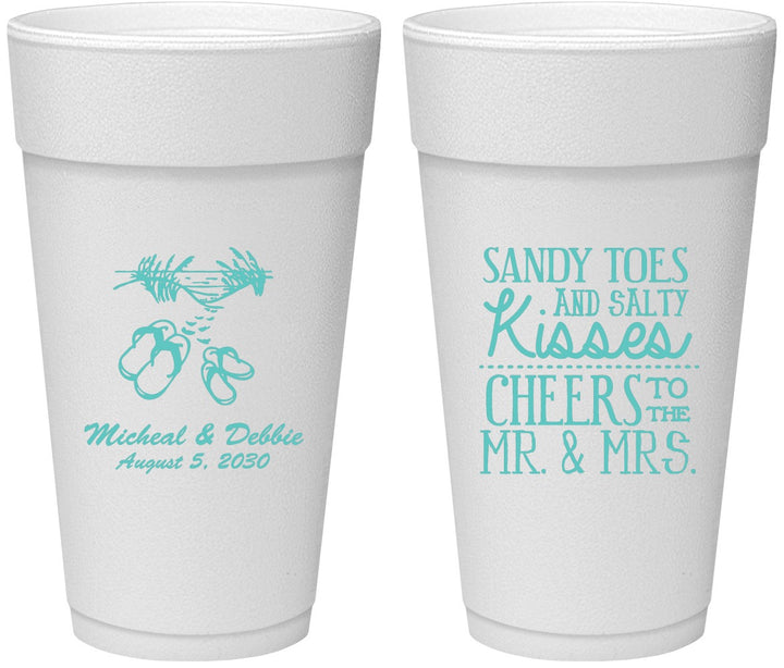 Personalized Wedding 24 oz Foam Cups - Sandy Feet Salty Kisses | 357