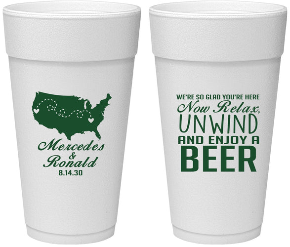 Personalized Wedding 24 oz Foam Cups - Relax Unwind Enjoy Beer | 360