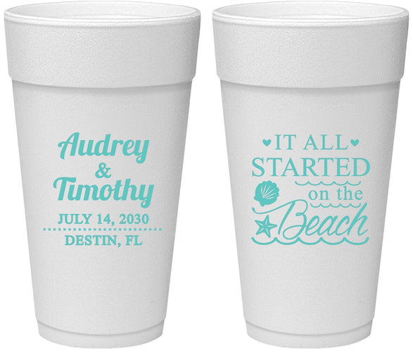 Personalized Wedding 24 oz Foam Cups - Started On The Beach | 361