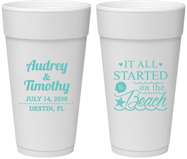 Personalized Wedding 24 oz Foam Cups - Started On The Beach | 361
